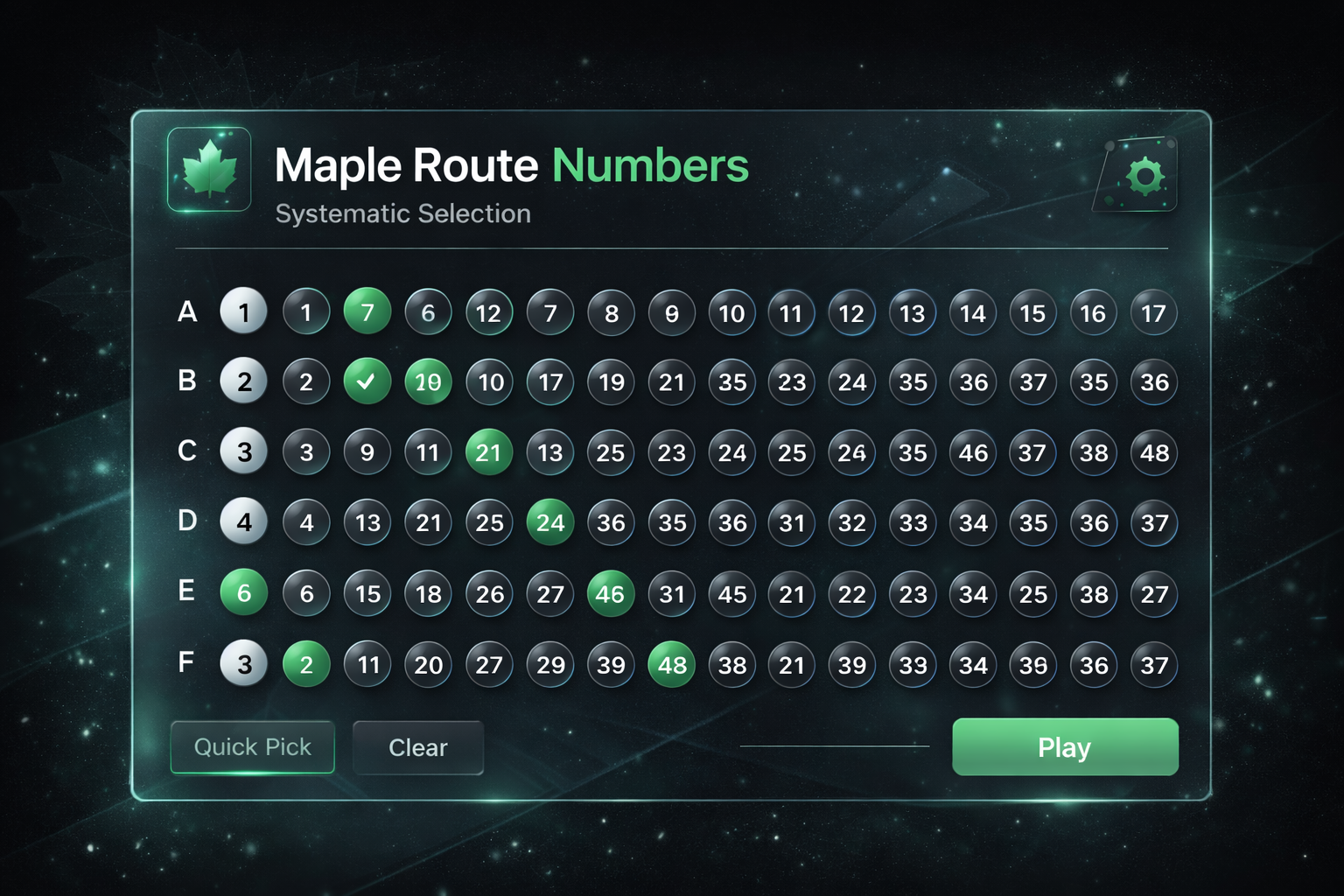 Maple Route Numbers draw interface showing systematic number selection grid